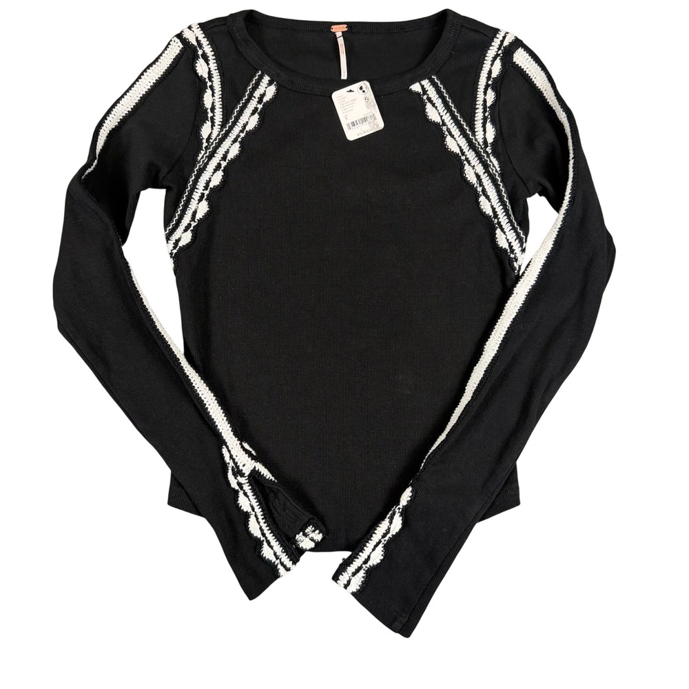 Free People Black Ribbed intricate Crochet Trim Lg Sleeve Top Boho Womens Small
